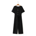 Women Summer Short Sleeve Black Jumpsuit Woman High Waist Lace Up Jumpsuit Romper Casual Overall Femme Wide Leg Pants