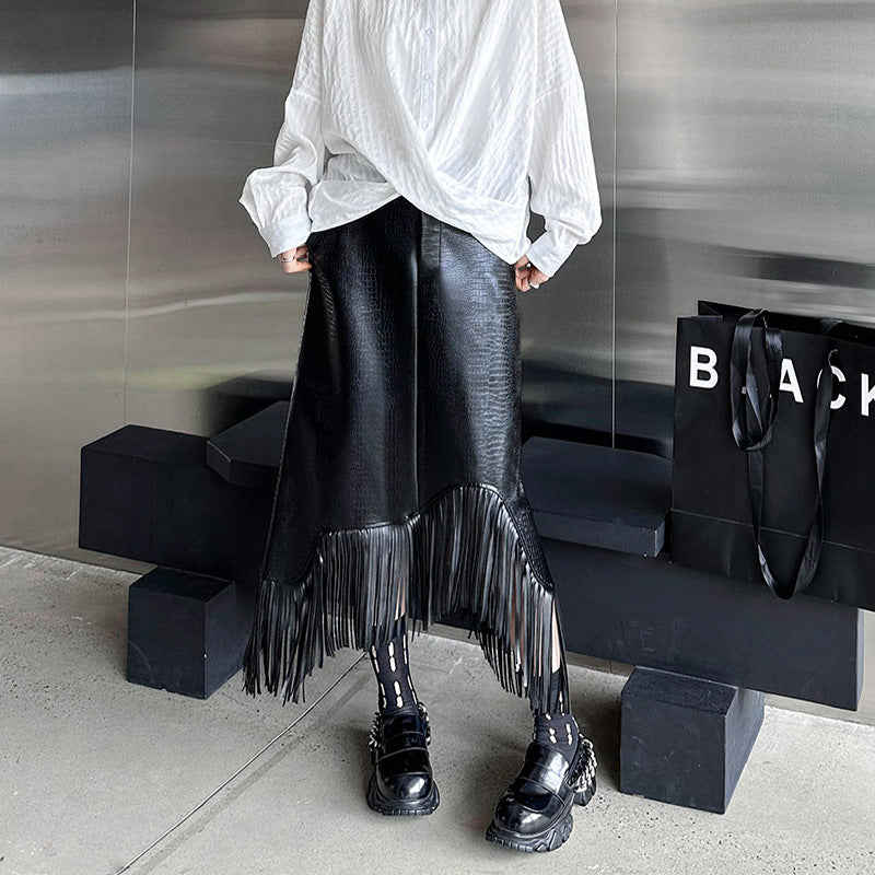 Dark Style Asymmetric Tassel Leather Skirt Women