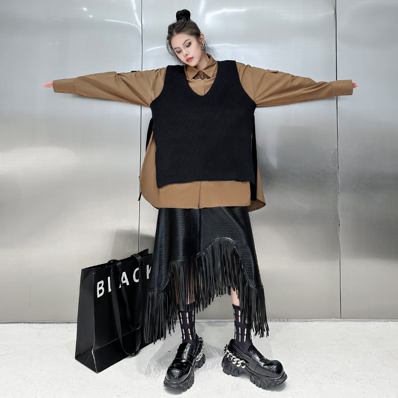 Dark Style Asymmetric Tassel Leather Skirt Women