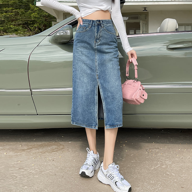 High Waist Slit Denim Skirt For Women