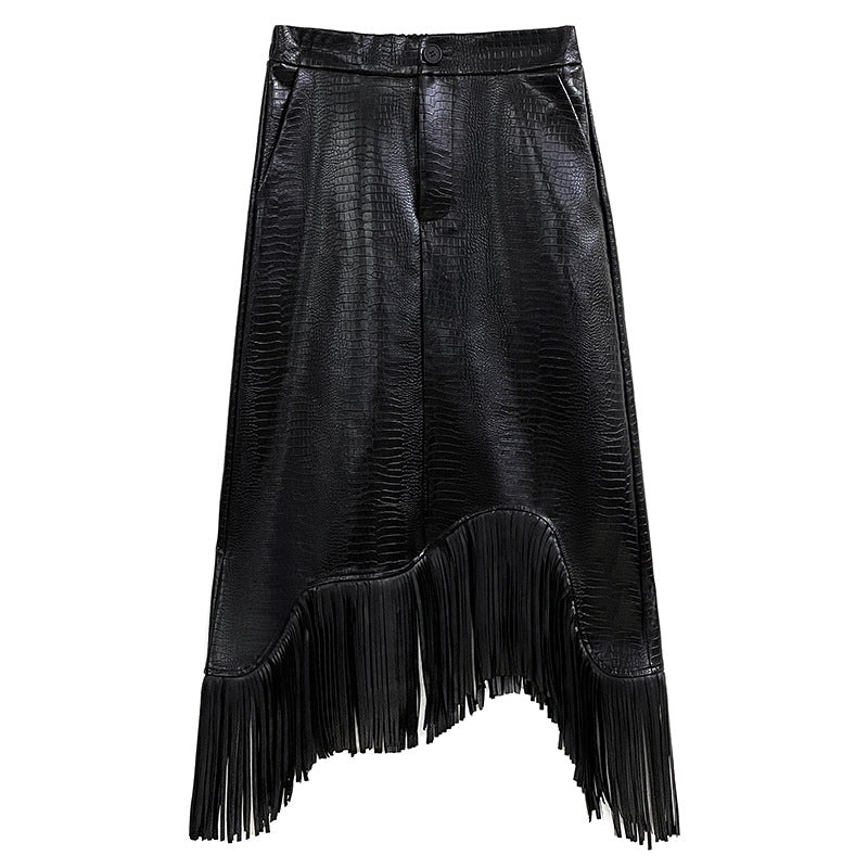 Dark Style Asymmetric Tassel Leather Skirt Women