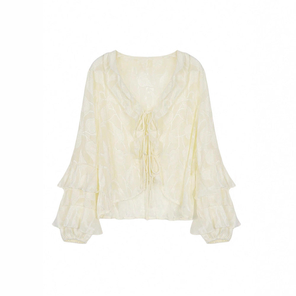 French-style Ruffled Lace Cardigan With Flared Sleeves And Tie Detailing