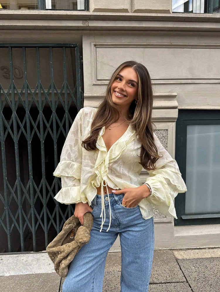 French-style Ruffled Lace Cardigan With Flared Sleeves And Tie Detailing