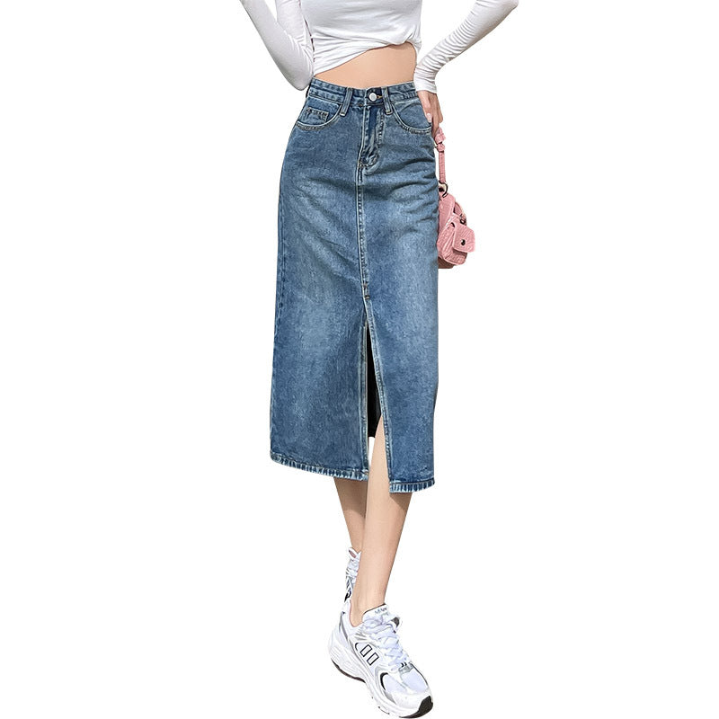 High Waist Slit Denim Skirt For Women