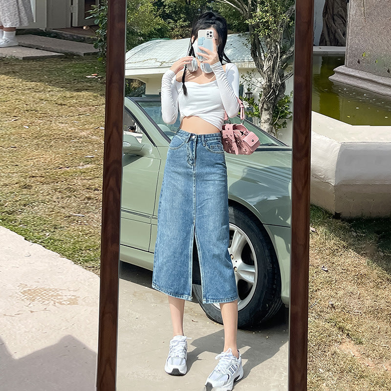 High Waist Slit Denim Skirt For Women