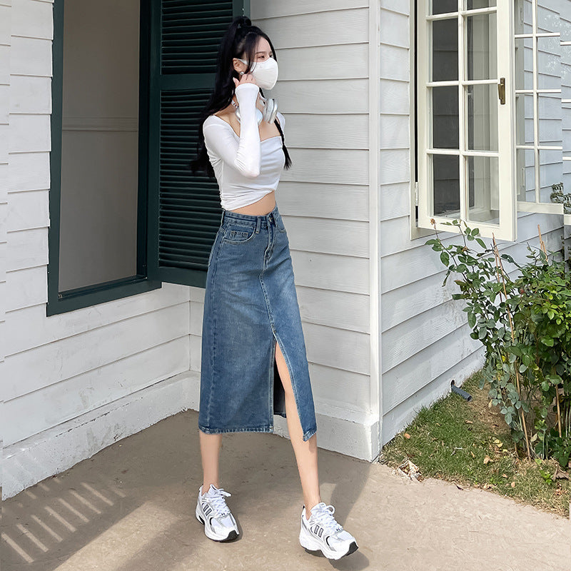 High Waist Slit Denim Skirt For Women