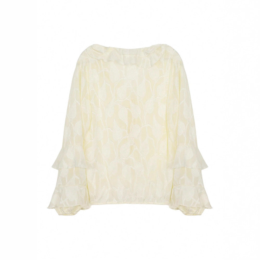 French-style Ruffled Lace Cardigan With Flared Sleeves And Tie Detailing