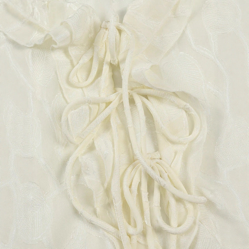 French-style Ruffled Lace Cardigan With Flared Sleeves And Tie Detailing