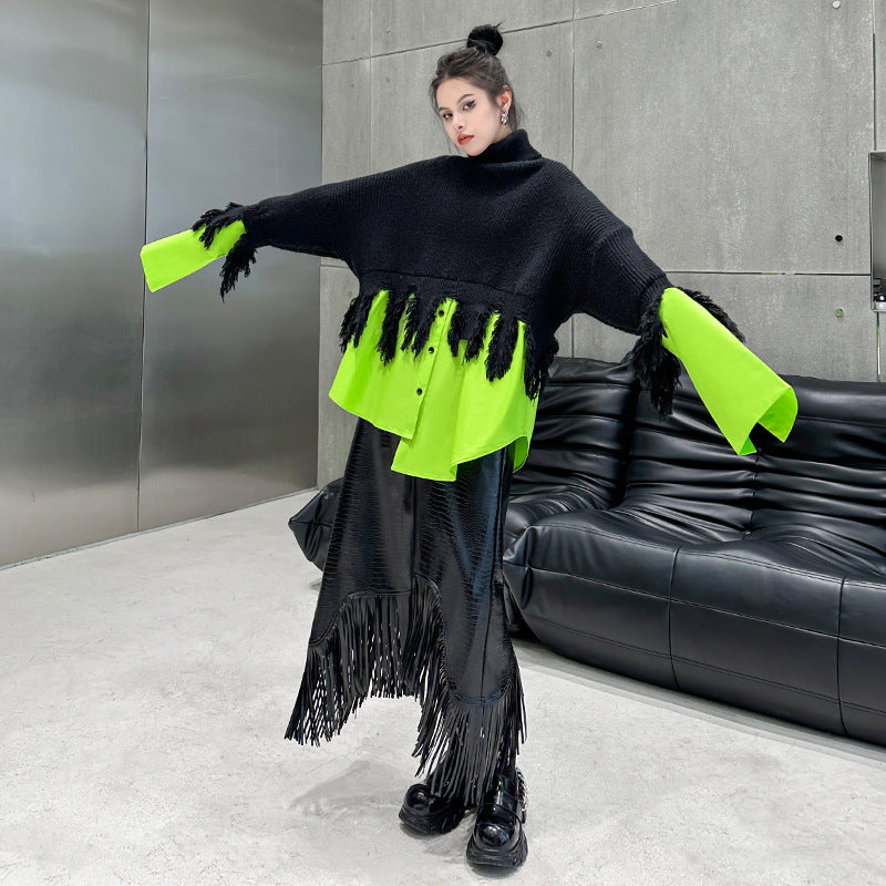 Dark Style Asymmetric Tassel Leather Skirt Women