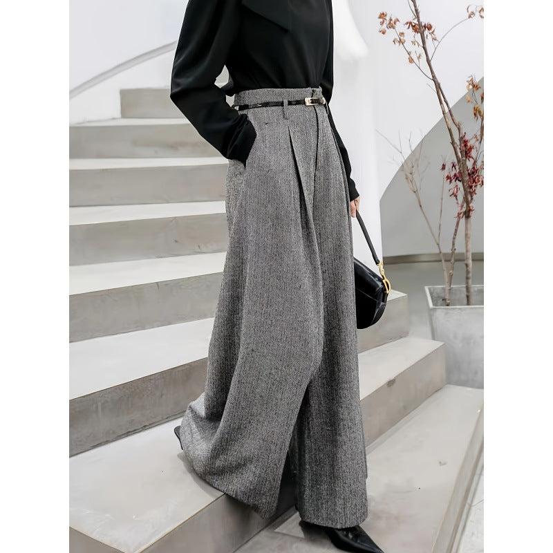 Elegant High-waisted Tweed Wide-leg Pants For Fall