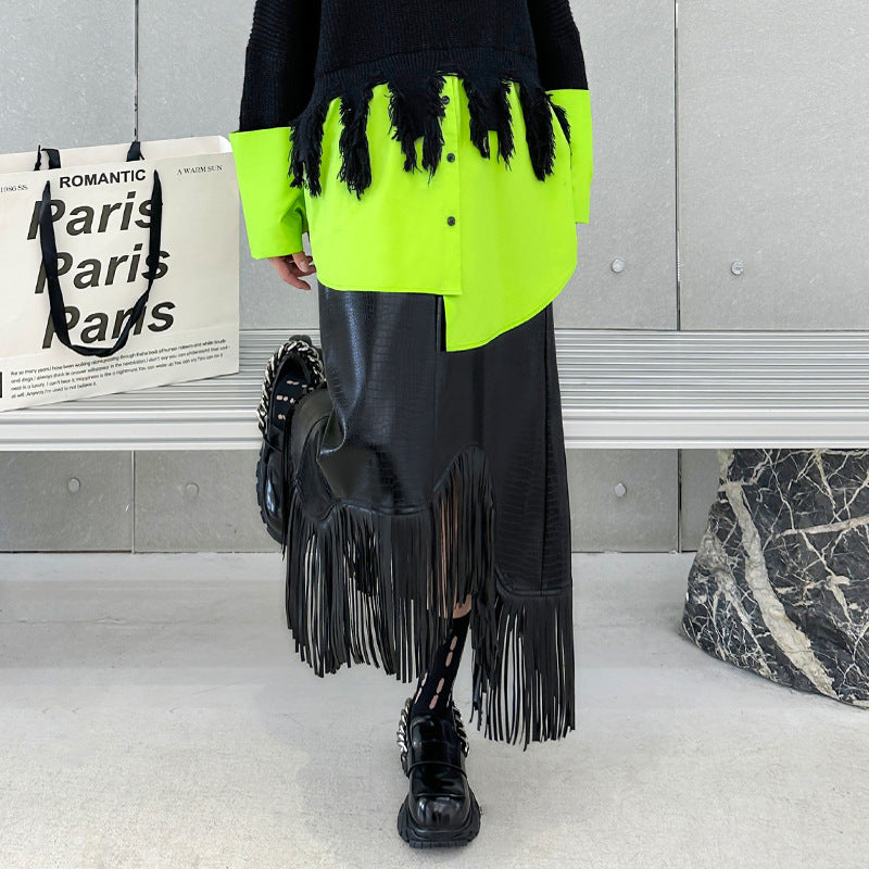 Dark Style Asymmetric Tassel Leather Skirt Women